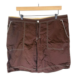 Merona‎ Mens Swim Shorts L Large Brown & White Pockets Stretch Waist Swimsuit